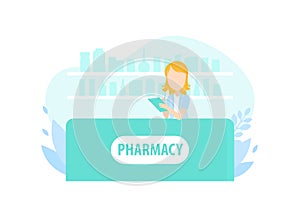 Female Pharmacist Behind Counter in Pharmacy, Doctor Holding Prescription Checking Medicine Vector Illustration