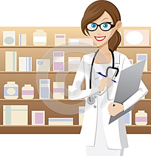 Female pharmacist is checking medicine stock