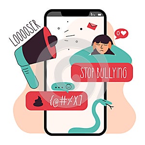 Female phone mobile chatting, get not good messege, dislike, hurtful words. Lettering LOSER, STOP cyberbullying. Vector