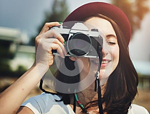 Female Photographer Smiling Vintage Camera Concept