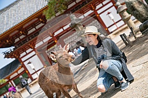 A female photographer touching the cute deer