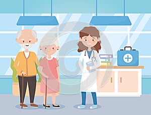 Female physician and old couple in consult room, doctors and elderly people