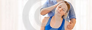 Female physiotherapist or a chiropractor adjusting patients neck. Physiotherapy, rehabilitation concept. White background banner.