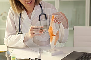 Female physiotherapist holds anatomical model of human knee joint.