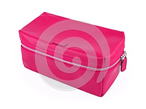 Female pink leather cosmetic bag isolated on white