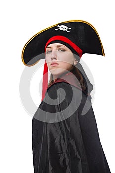 The female pirate in black coat isolated on white
