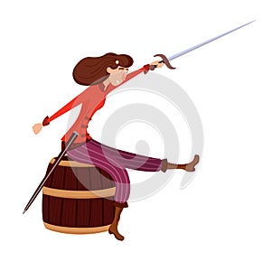 Female pirate character sitting at barrel table