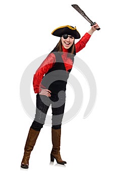 The female pirate holding sword isolated on white