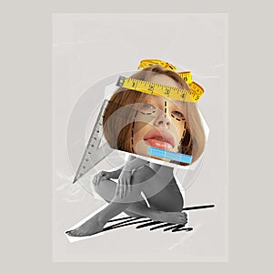 Female plastic surgery. Young woman doing face correction, lifting and lips augmentation. Contemporary art collage.