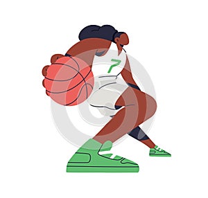 Female player with basketball ball in hands. Black woman athlete playing sport game. Professional sportswoman in uniform