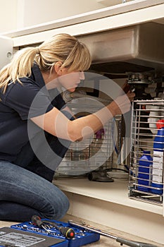 Female Plumber Working On Sink