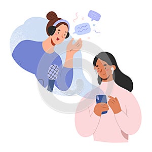 Female podcast host and listener, woman listening to podcast show on mobile app, podcaster in headset talking to