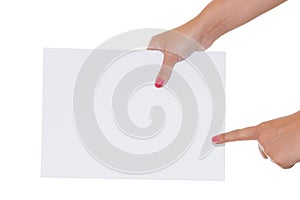 Female pointing on isolated paper