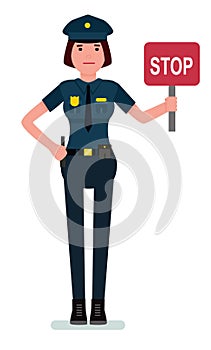 Female police officer holding a stop sign. Cartoon character policewoman isolated on white background. Vector