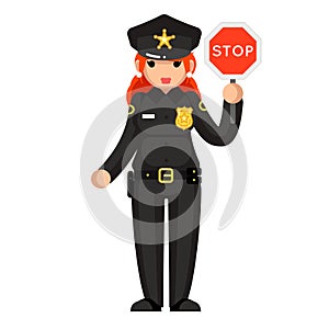 Female police officer stop sign policeman woman law justice cop crime protection cartoon flat design character isolated