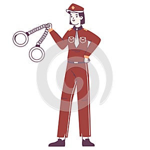 Female policeman holding huge handcuffs. Police station worker, police officer wearing professional uniform flat vector