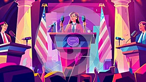 Female politician on podium with microphones and USA flag on government banner. Modern landing page with cartoon