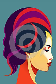 Female portrait in profile, 1960s poster style, vector illustration