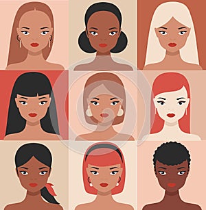 Female portraits of different nationalities, ethnicity. Girls faces avatars vector collection. cultural diversity concept women of