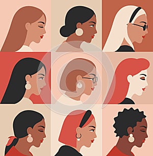 Female portraits of different nationalities, ethnicity. Girls profile faces avatars vector collection. cultural diversity concept