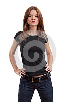 female posing with blank black shirt