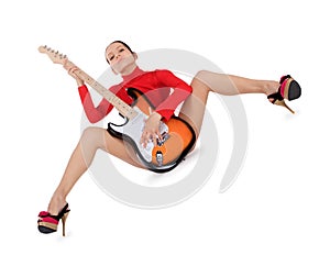 Female posing with guitar over white
