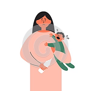 Female postpartum depression vector illustration with sad woman holding crying son or daughter on hands and bottle feeding newborn