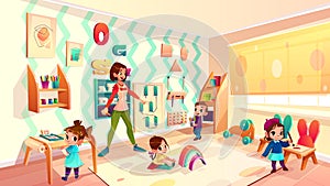 Kids in Montessori school classroom cartoon vector photo