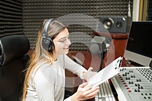 Female presenter hosting a radio talk show