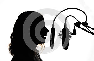 Female presenter of a radio station or news. Singer blogger. Black and white photo