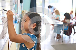 Female Primary Or Elementary School Student Writing On Whiteboard In Classroom Lesson