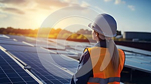 Female Professional Installing Photovoltaic Solar Panels. Generative ai