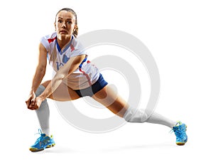 Female professional volleyball player on white