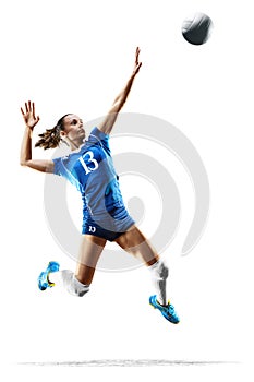 Female professional volleyball player on white