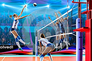 Female professional volleyball players in action on grand court