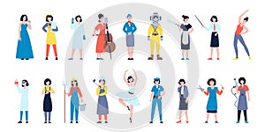 Female professionals characters. Various occupations, professional management women. Workers group, female in different