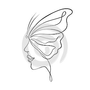 Female profile with butterfly wing in a modern minimalist style.