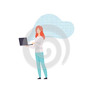 Female Programmer Character Coding on Laptop Computer Vector Illustration