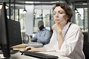 Female programmer using AI LLM chatbot, optimizing company systems