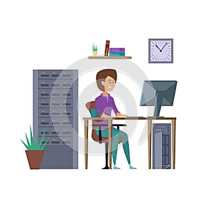 Female programmer vector. IT developer character with computer illustration