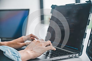 Female programmer working on coding, software development and web design.Concept technology development