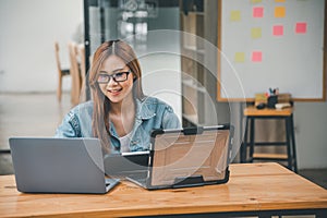 Female programmer working on coding, software development and web design.