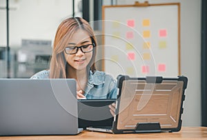 Female programmer working on coding, software development and web design.Concept technology development