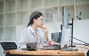 Female programmer working on coding, software development and web design.Concept technology development