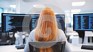 female computer programmer or software developer, woman writing program code on multiple monitor screens in office