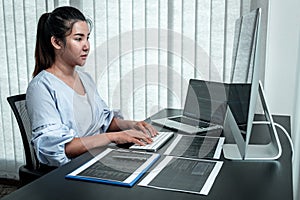 Female Programmer working in software javascript computer in IT office, Writing codes and data code website and coding database