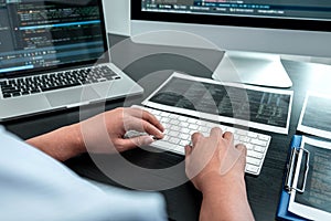 Female Programmer working in software javascript computer in IT office, Writing codes and data code website and coding database