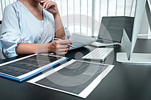 Female Programmer working in software javascript computer in IT office, Writing codes and data code website and coding database