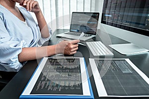 Female Programmer working in software javascript computer in IT office, Writing codes and data code website and coding database