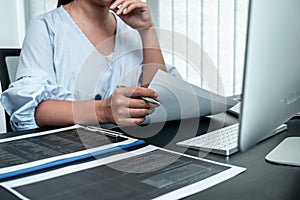 Female Programmer working in software javascript computer in IT office, Writing codes and data code website and coding database